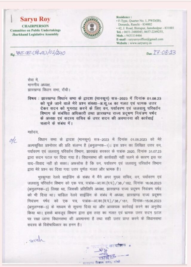 विधायक सरयू राय ने झारखंड विधानसभा अध्यक्ष को लिखा पत्र