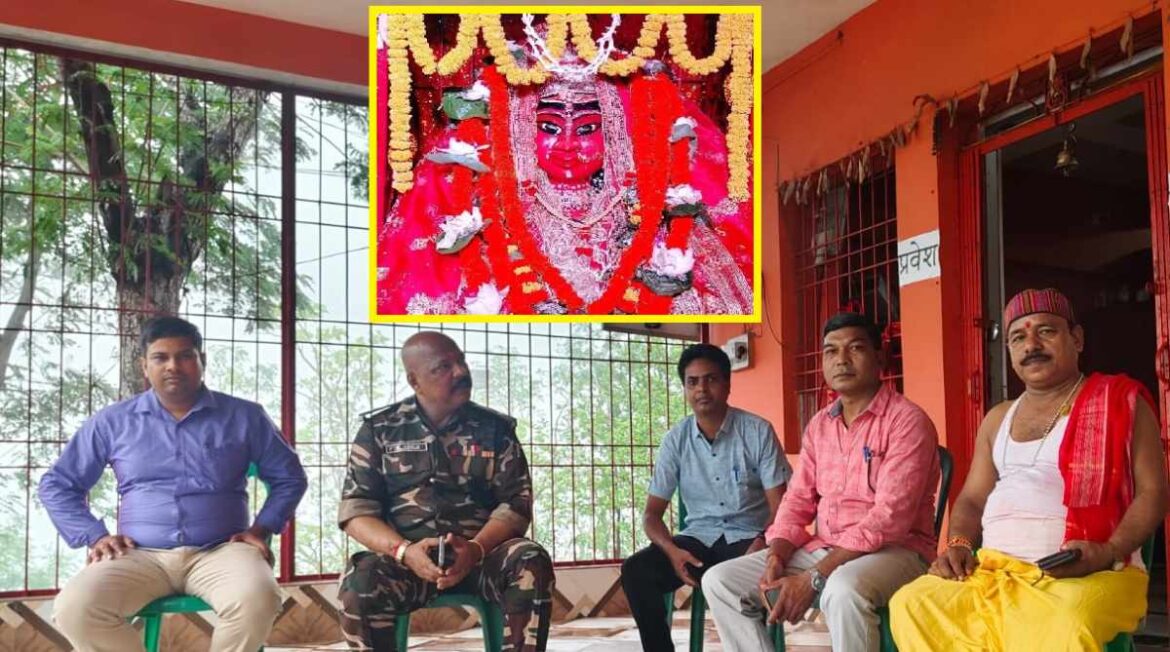 Ramgarh Mahamaya Mandir (1) Police officers and temple committee members at Mahamaya Temple, with an inset of the idol of Maa Mahamaya