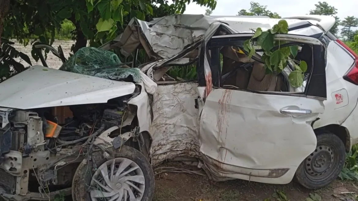 Lakhimpur road accident scene where Ertiga car hit tree, killing three family members