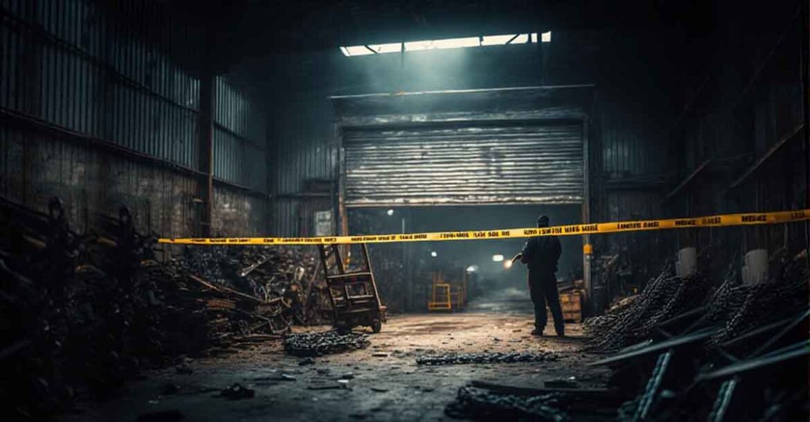 Police inspecting a metal godown after scrap theft in Burmamines, Jamshedpur