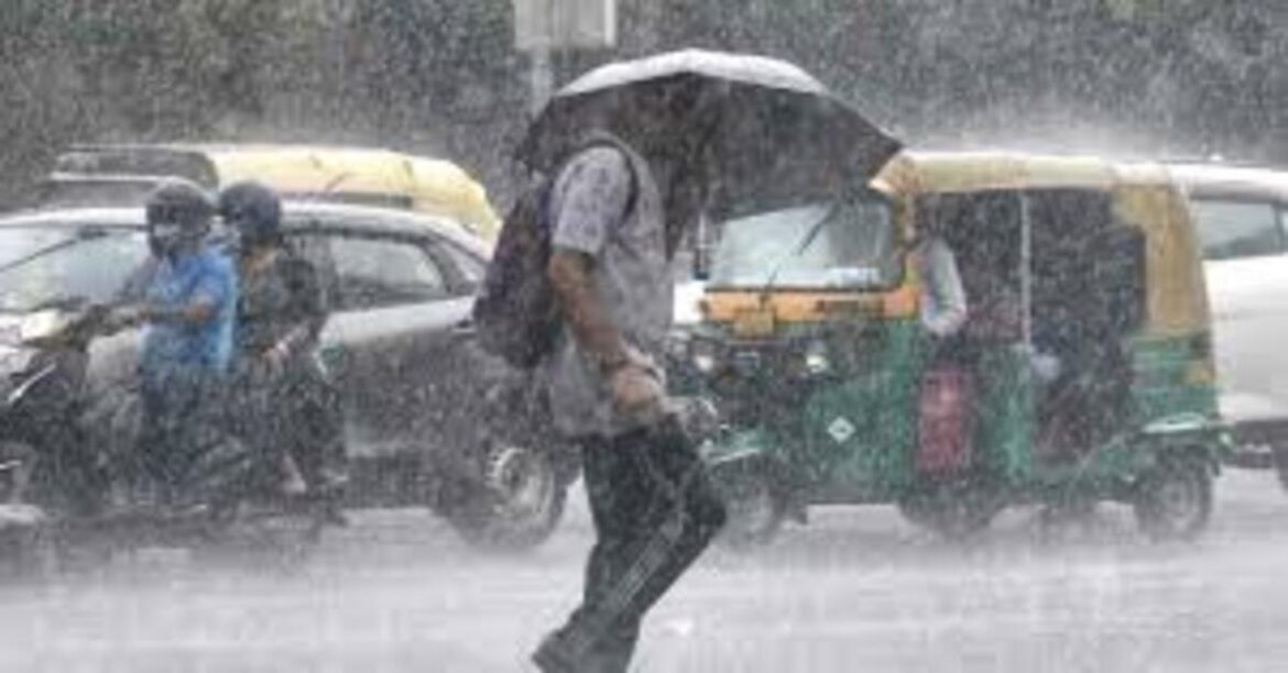 UP Weather : "Heavy rain in Varanasi, people walking with umbrellas under dark monsoon clouds in Uttar Pradesh"