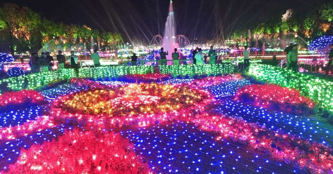 Illuminated Jubilee Park during Tata Steel Foundation Day celebration in Jamshedpur