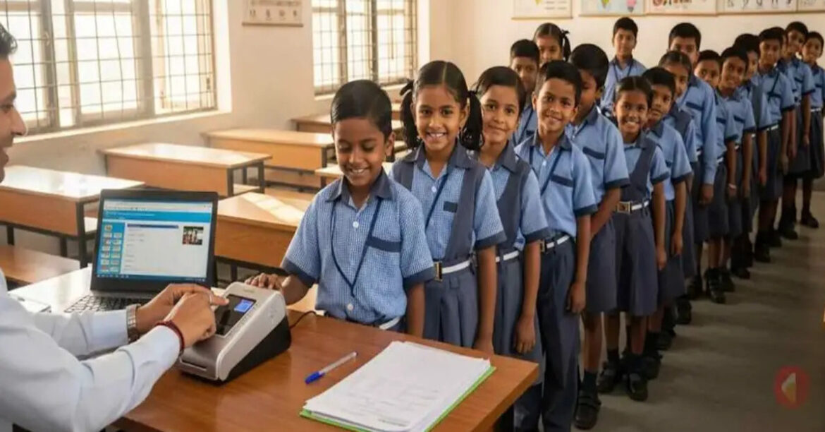 School students undergoing biometric Aadhaar authentication as part of government verification drive
