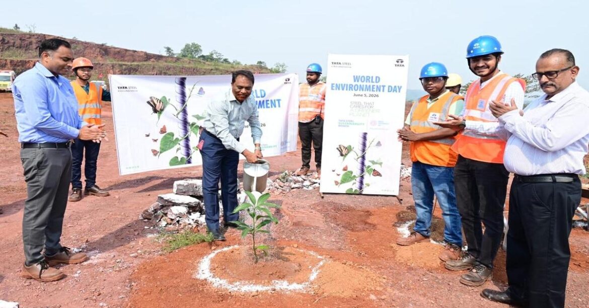 Employees and officials planting saplings at Novamundi Iron Ore Mine on World Environment Day